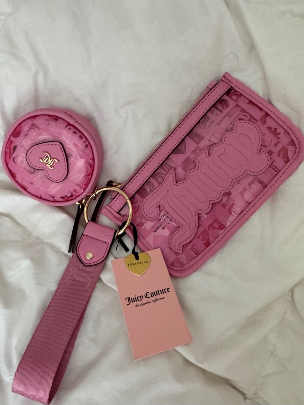NWT Juicy Couture Pink Transparent Wristlet Key & Coin Pouch Set
